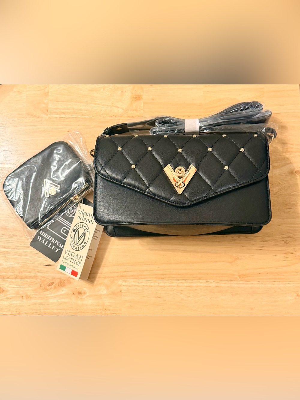 Valentino Orlandi Black Quilted Crossbody Bag Wallet NWT $380